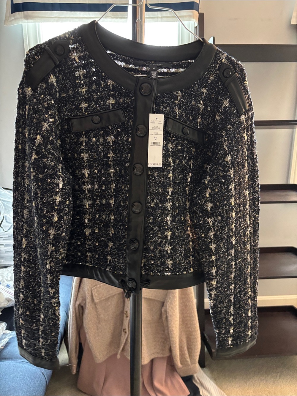 Wool-Blend Tweed Black Cropped Jacket with Leather Trim